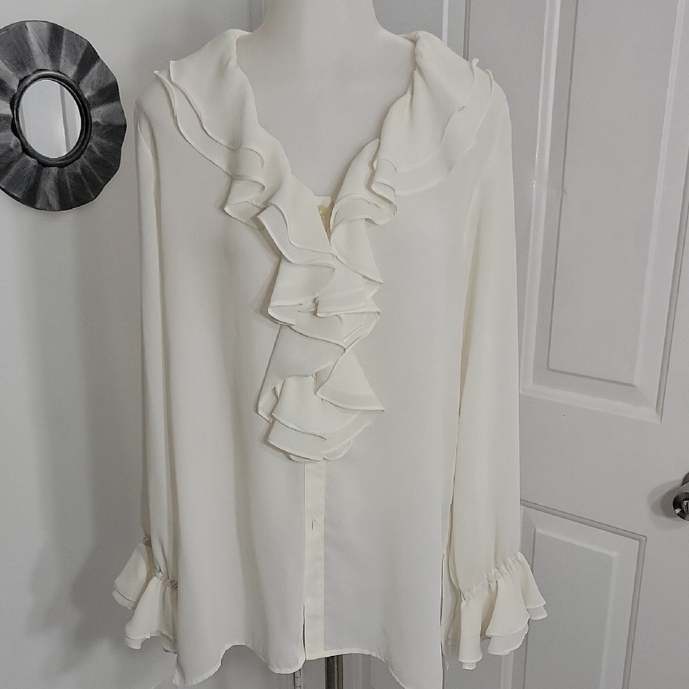 MODA INTL Cream Sheer Flowing Ruffle Design Front Bell Sleeve Blouse Size Medium